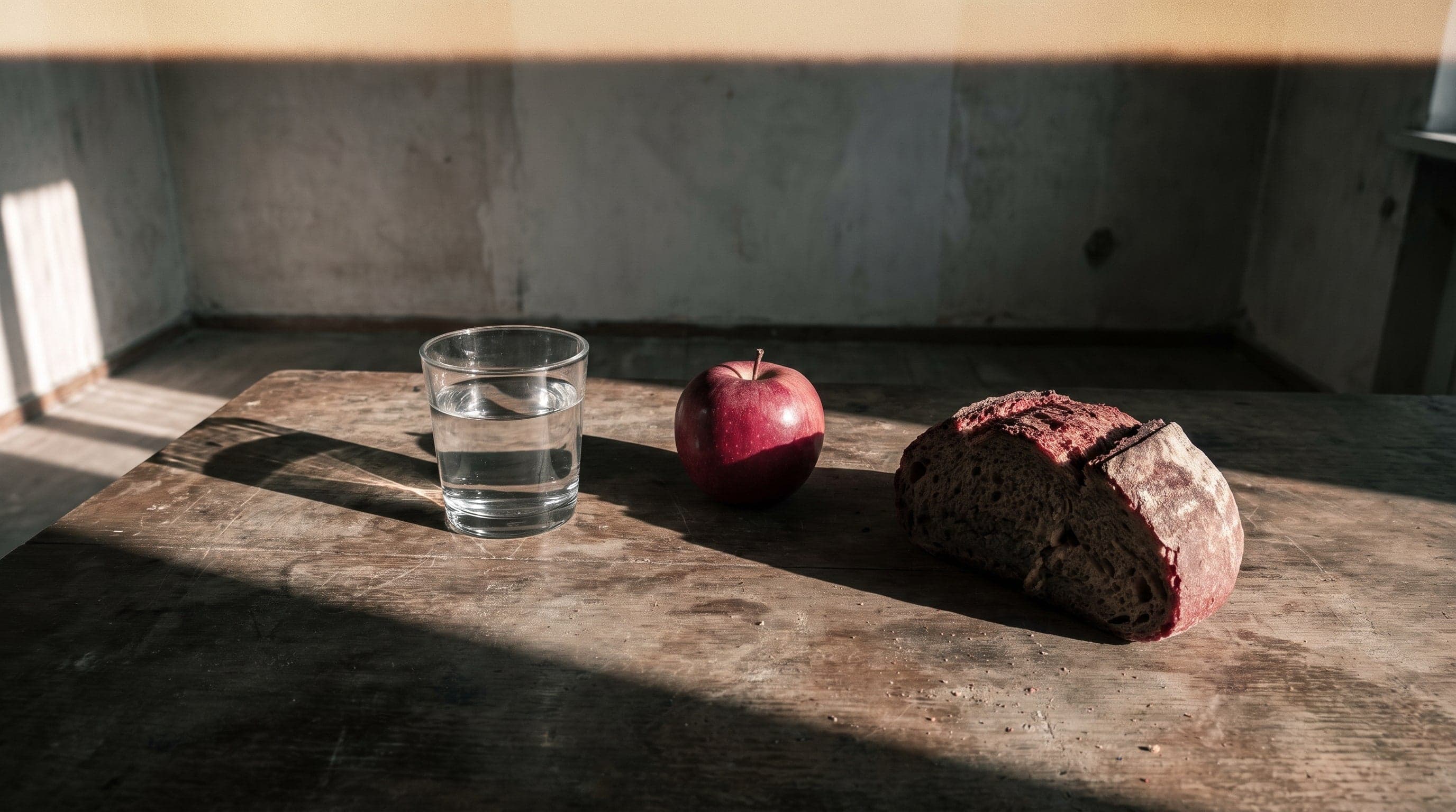 Ein Glas Wasser, ein Apfel und ein Stück dunkles Brot auf einem blanken Holztisch im harten Seitenlicht