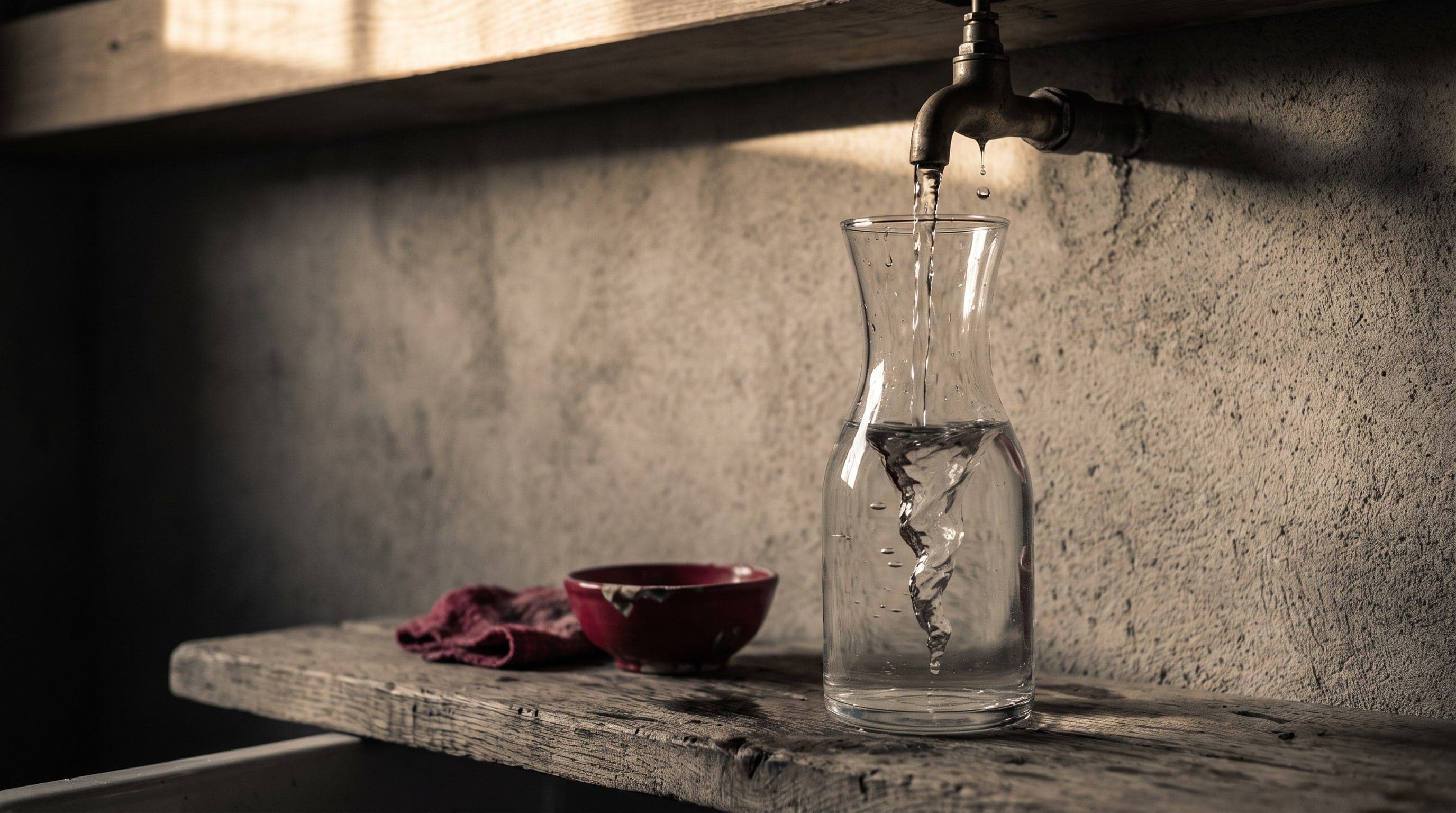 Wasser fällt aus einem Messinghahn in eine Glaskaraffe und dreht sich darin zu einem Wirbel